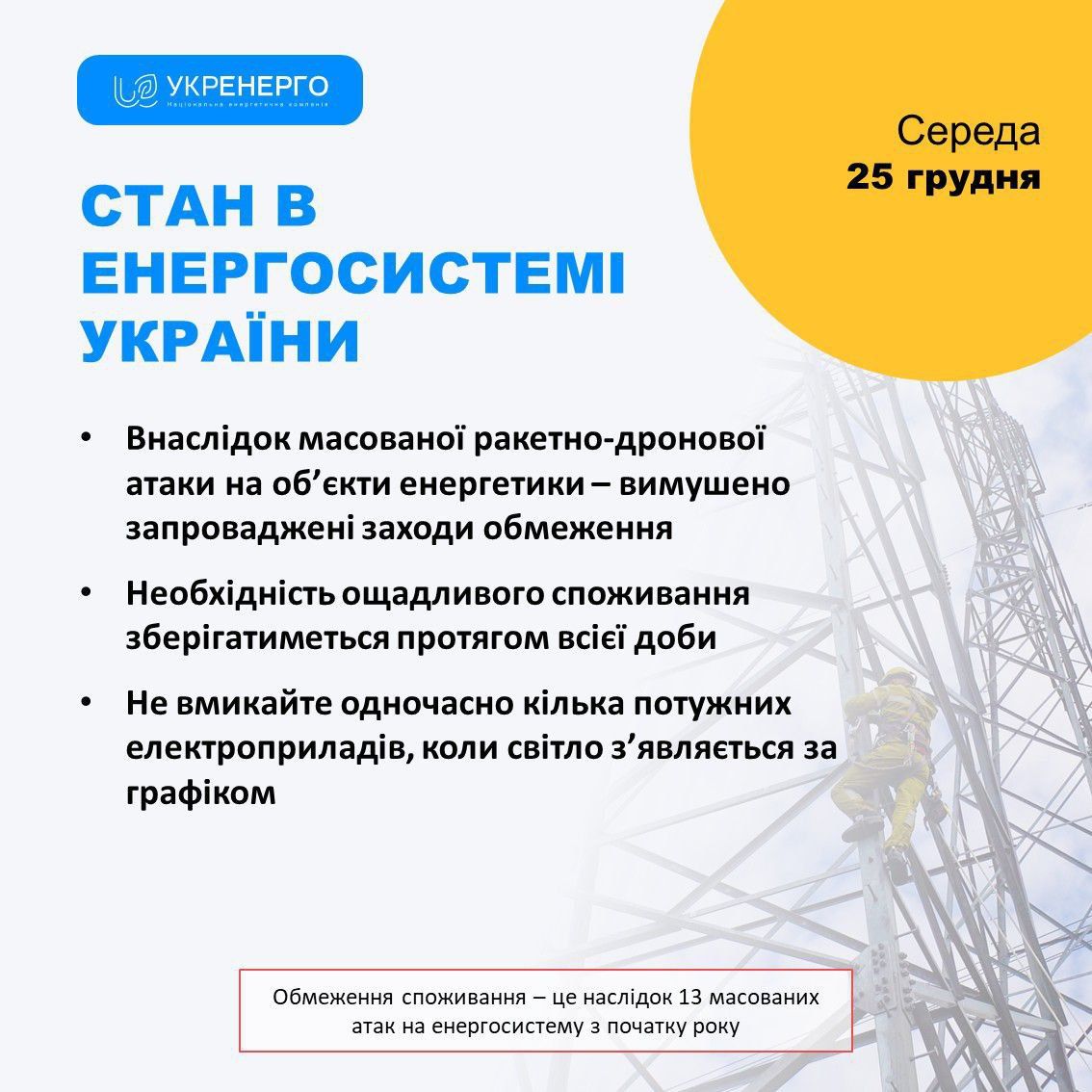 В Укренерго пояснили, скільки часу будуть діти графіки відключень після атаки 25 грудня 1